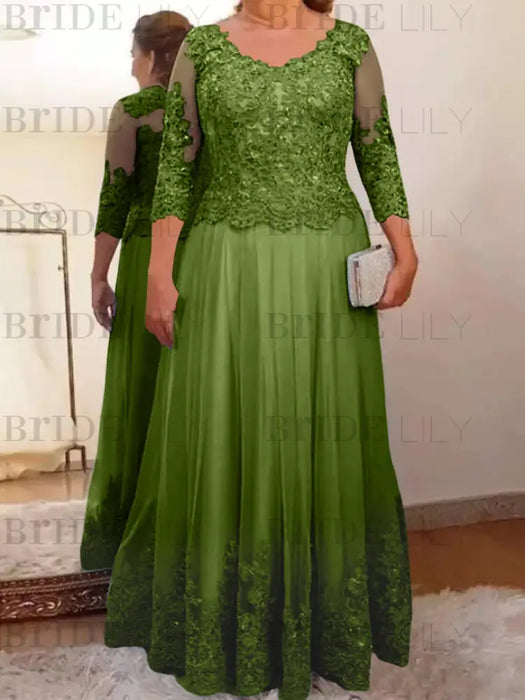 Olive Green plus size mother of the bride lace and tulle gown with sleeves