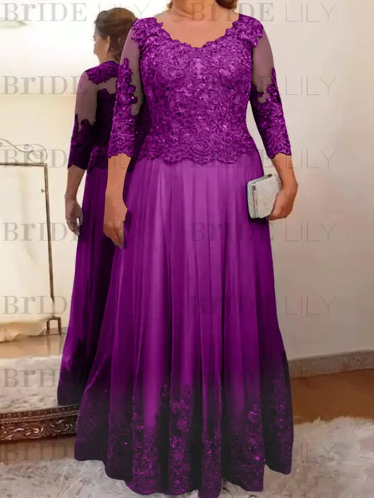 Orchid plus size mother of the bride lace and tulle gown with sleeves