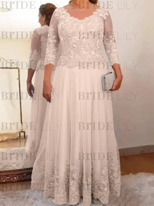 Pearl Pink plus size mother of the bride lace and tulle gown with sleeves