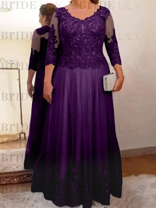 Plum plus size mother of the bride lace and tulle gown with sleeves