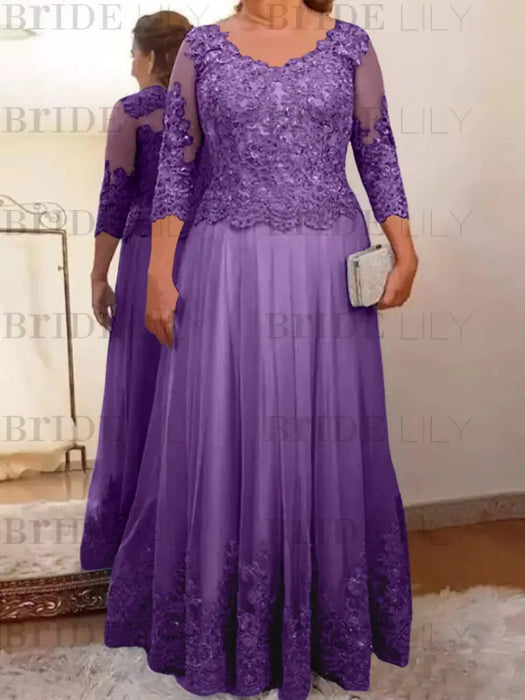 Purple plus size mother of the bride lace and tulle gown with sleeves