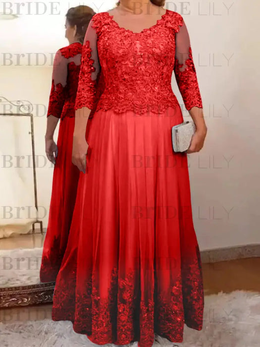 Red plus size mother of the bride lace and tulle gown with sleeves