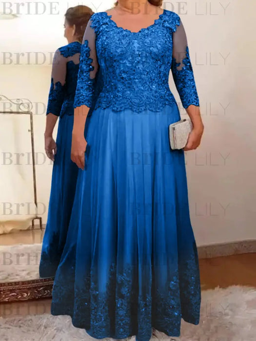 Royal Blue plus size mother of the bride lace and tulle gown with sleeves