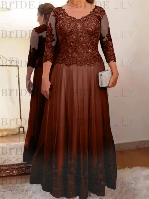 Rust plus size mother of the bride lace and tulle gown with sleeves