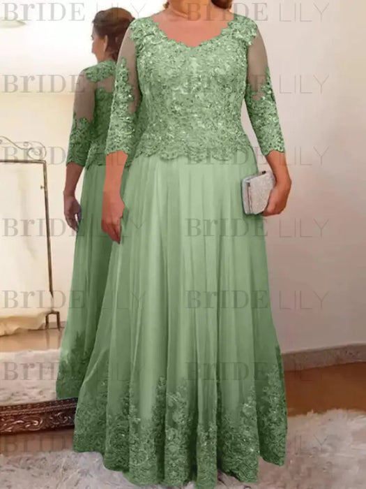 Sage plus size mother of the bride lace and tulle gown with sleeves