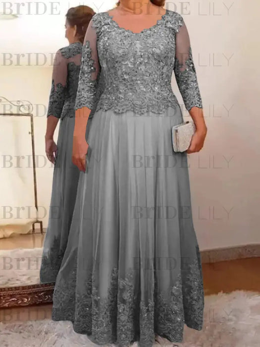 Silver Gray plus size mother of the bride lace and tulle gown with sleeves