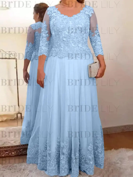 Sky Blue plus size mother of the bride lace and tulle gown with sleeves