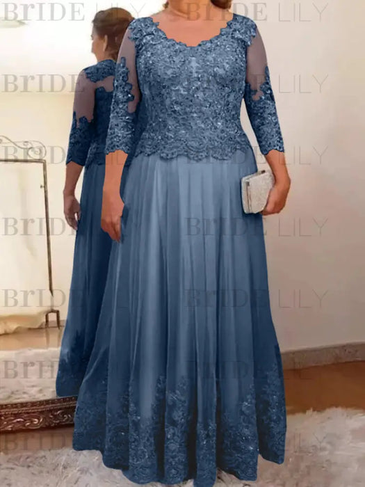 Steel Blue plus size mother of the bride lace and tulle gown with sleeves