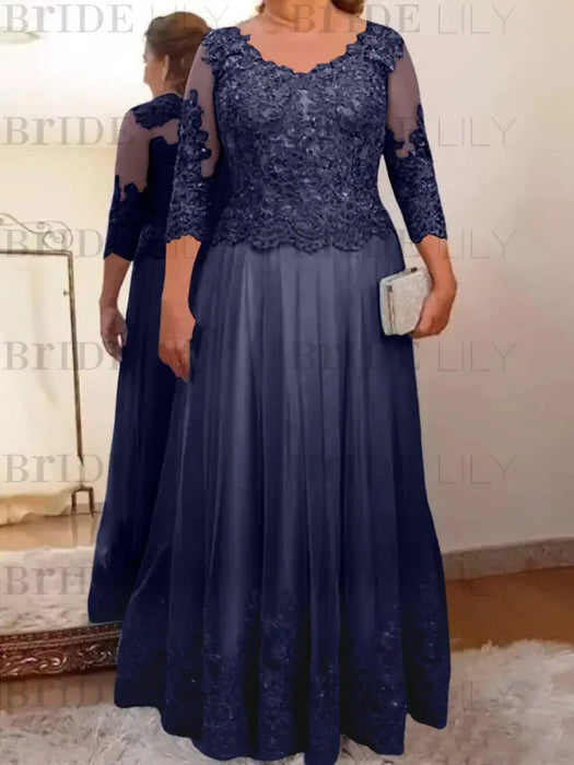 Stormy Blue plus size mother of the bride lace and tulle gown with sleeves