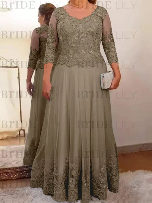 Taupe plus size mother of the bride lace and tulle gown with sleeves