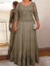 Taupe plus size mother of the bride lace and tulle gown with sleeves