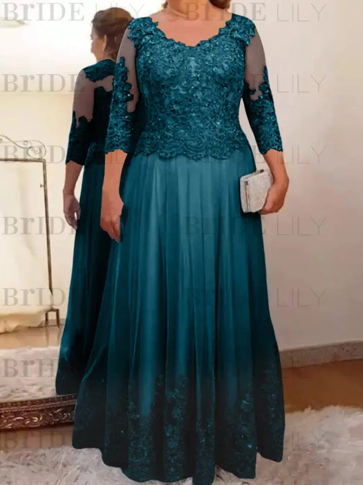 Teal plus size mother of the bride lace and tulle gown with sleeves