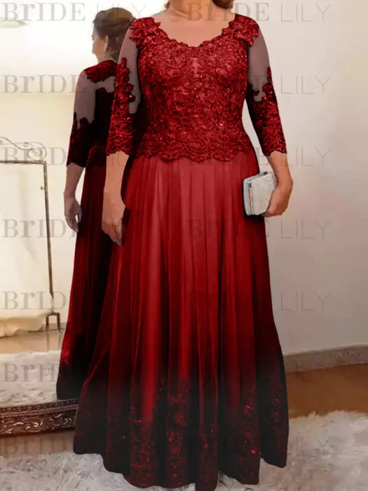 Wine Red plus size mother of the bride lace and tulle gown with sleeves