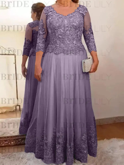 Wisteria plus size mother of the bride lace and tulle gown with sleeves
