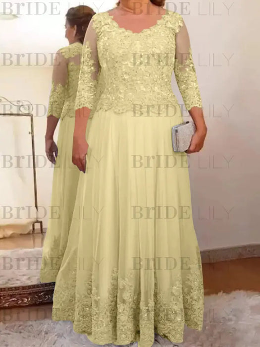 Yellow plus size mother of the bride lace and tulle gown with sleeves