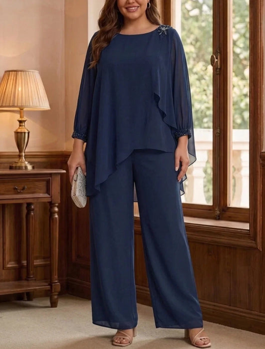 Plus size mother of the bride pantsuit with beaded cape top in navy