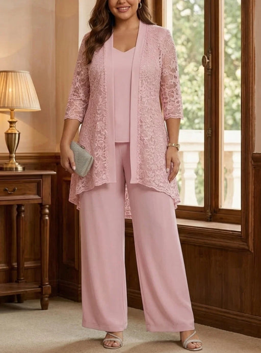 Plus size mother of the bride pantsuit with lace jacket in blush pink