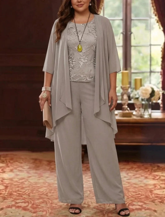 Plus size mother of the bride pantsuit with lace top in taupe