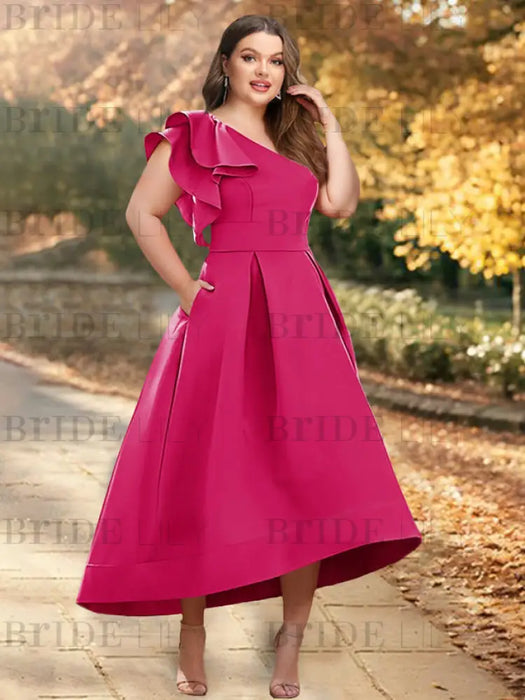 Plus size one shoulder mikado ruffle dress in fuchsia