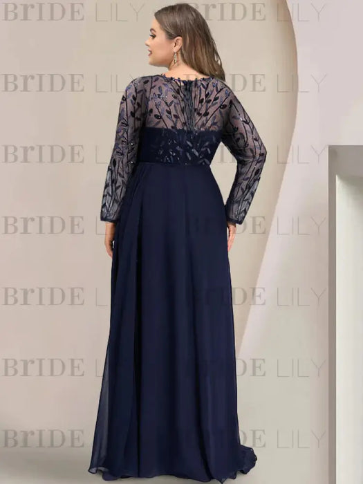 Plus size back view of the navy sequin leaf chiffon gown