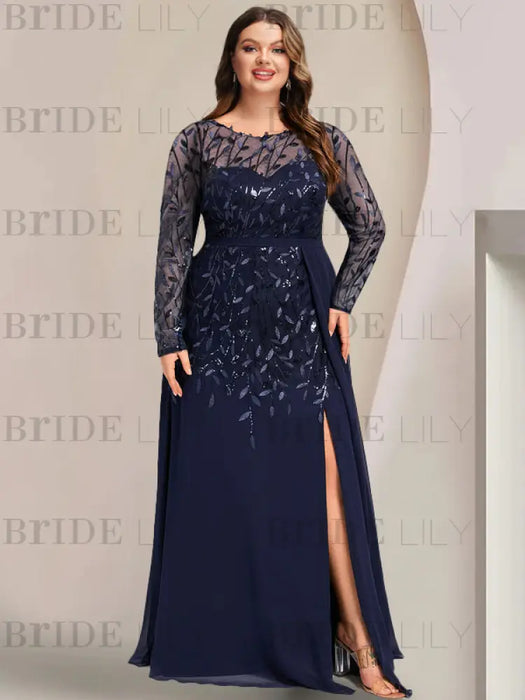Plus size sequin leaf embroidered chiffon gown in navy