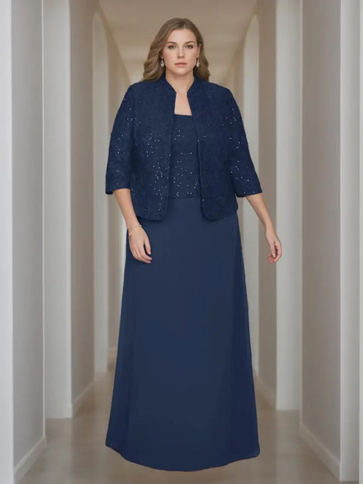2-Piece Square Neck 3/4 Sleeve sequined Mother of the Bride Dress Set 
