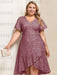 V-Neck A-Line Princess Short Sleeve Asymmetrical Plus Size Mother of the Bride Dress with Sequins and Ruffles