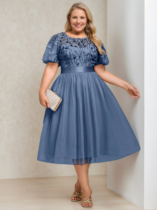 Plus Size Tea-Length Mother of the Bride Dress with Sequins and Embroidery A-Line/Princess Cut Round Neck and Short Sleeves
