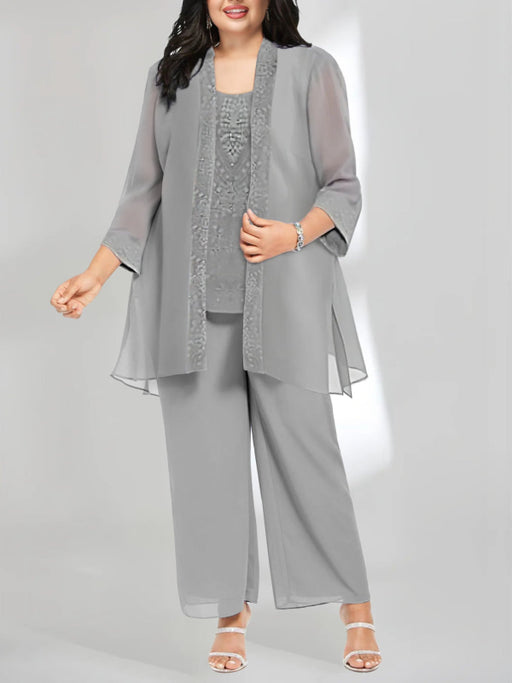 Plus Size Mother of the Bride Scoop Neck Ankle-Length Chiffon Pantsuit with Jacket