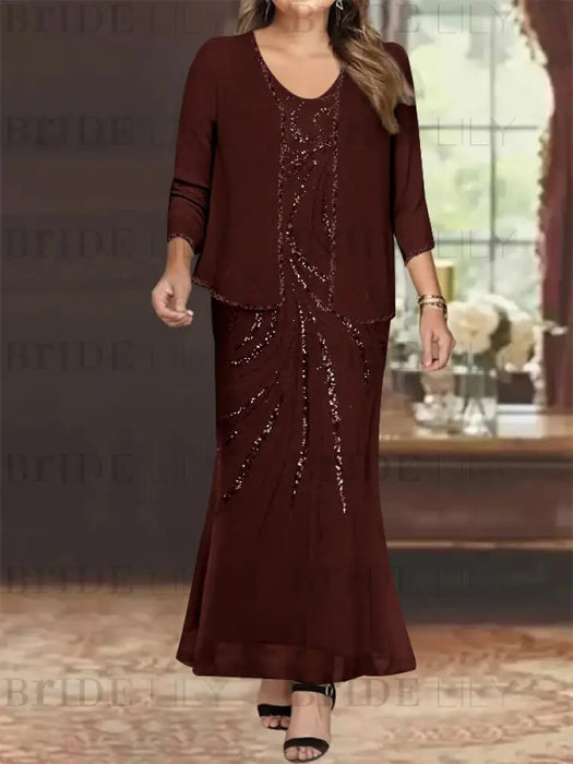 Plus Size V-Neck Ankle-Length Sheath/Column Mother of the Bride Dresses with Sequins & Jacket