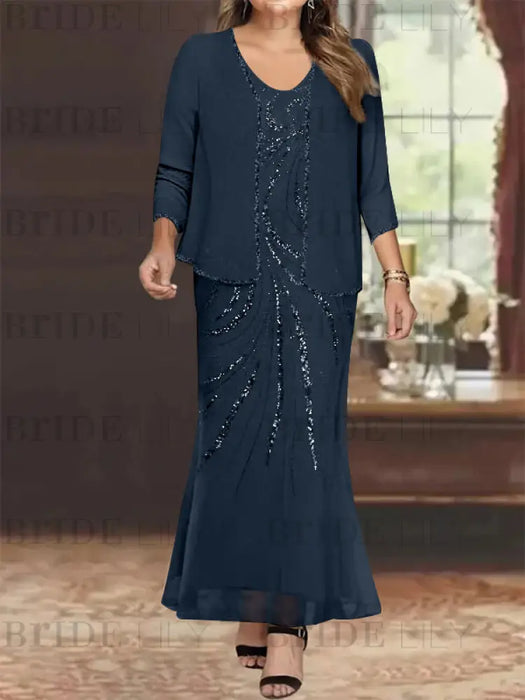 Plus Size V-Neck Ankle-Length Sheath/Column Mother of the Bride Dresses with Sequins & Jacket
