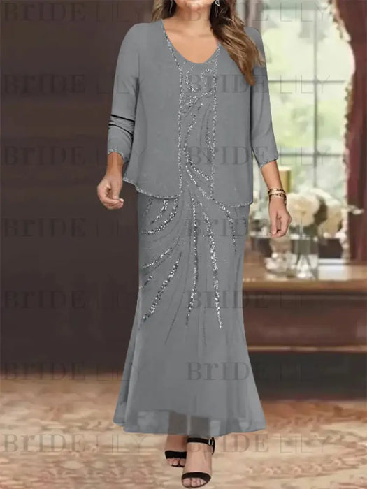 Plus Size V-Neck Ankle-Length Sheath/Column Mother of the Bride Dresses with Sequins & Jacket