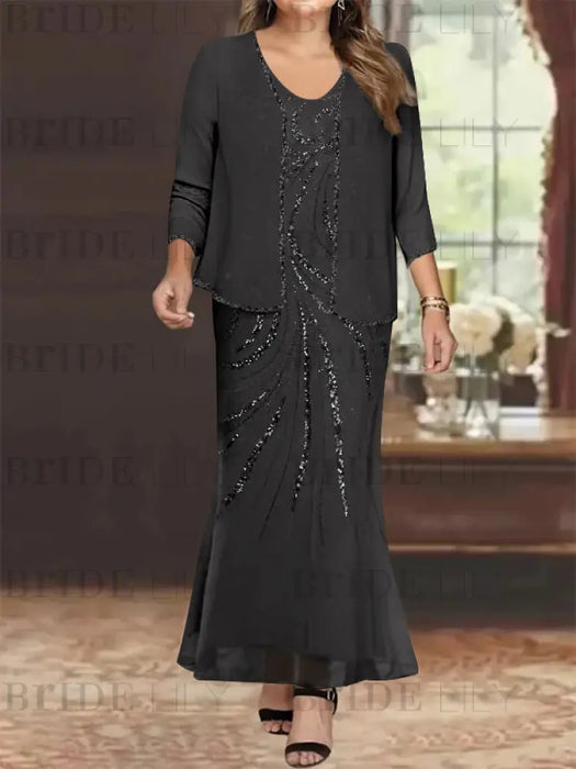 Plus Size V-Neck Ankle-Length Sheath/Column Mother of the Bride Dresses with Sequins & Jacket