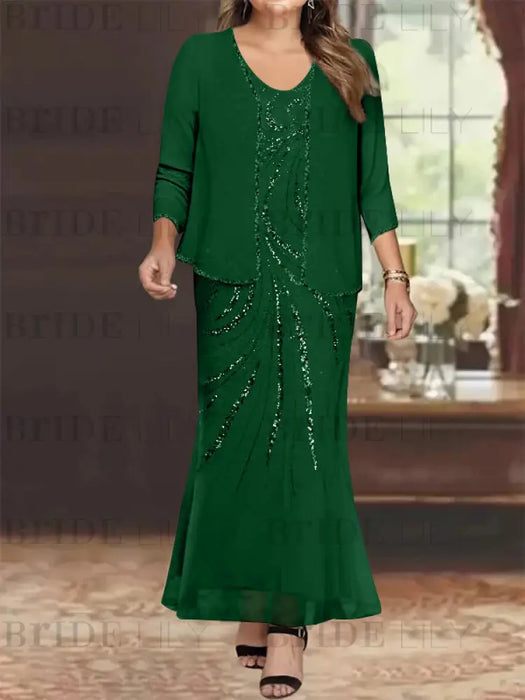 Plus Size V-Neck Ankle-Length Sheath/Column Mother of the Bride Dresses with Sequins & Jacket