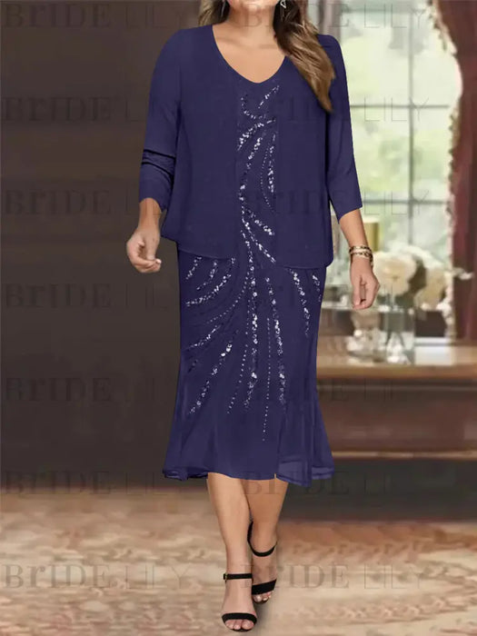 Regency Plus Size V-Neck Chiffon Mother of the Bride Dress Set with Jacket and Sequins Knee-Length