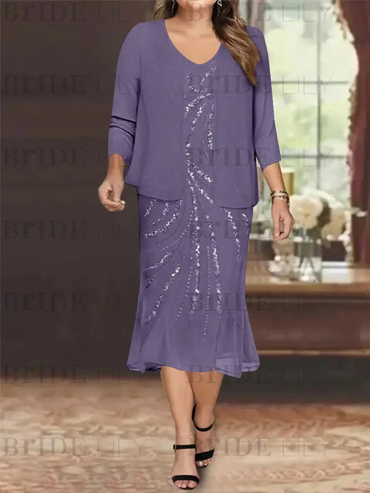 Tahiti Plus Size V-Neck Chiffon Mother of the Bride Dress Set with Jacket and Sequins Knee-Length