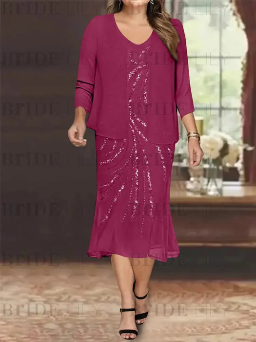 Orchid Plus Size V-Neck Chiffon Mother of the Bride Dress Set with Jacket and Sequins Knee-Length