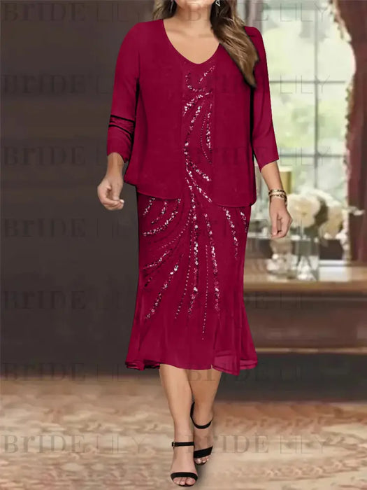 Wine Red Plus Size V-Neck Chiffon Mother of the Bride Dress Set with Jacket and Sequins Knee-Length