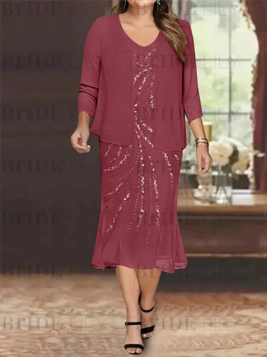Mulberry Plus Size V-Neck Chiffon Mother of the Bride Dress Set with Jacket and Sequins Knee-Length
