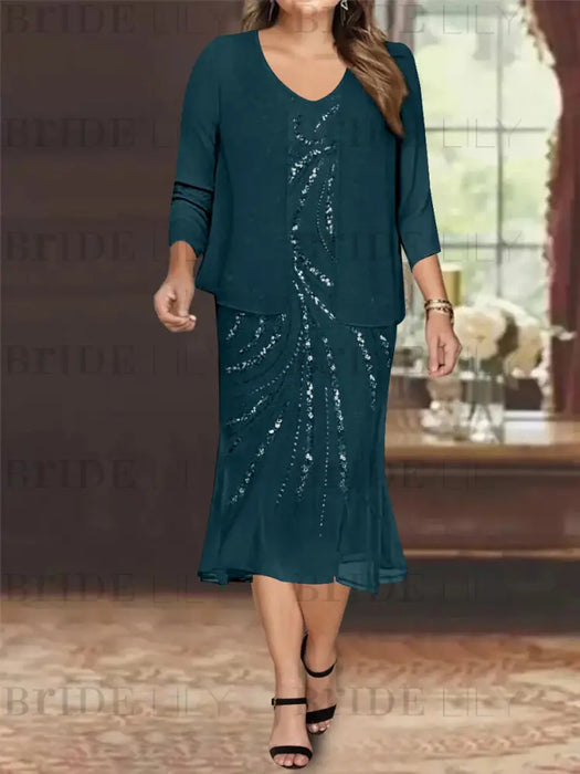 Ink Blue Plus Size V-Neck Chiffon Mother of the Bride Dress Set with Jacket and Sequins Knee-Length