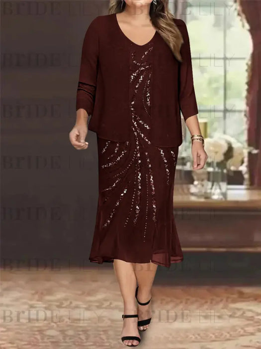Cabernet Plus Size V-Neck Chiffon Mother of the Bride Dress Set with Jacket and Sequins Knee-Length