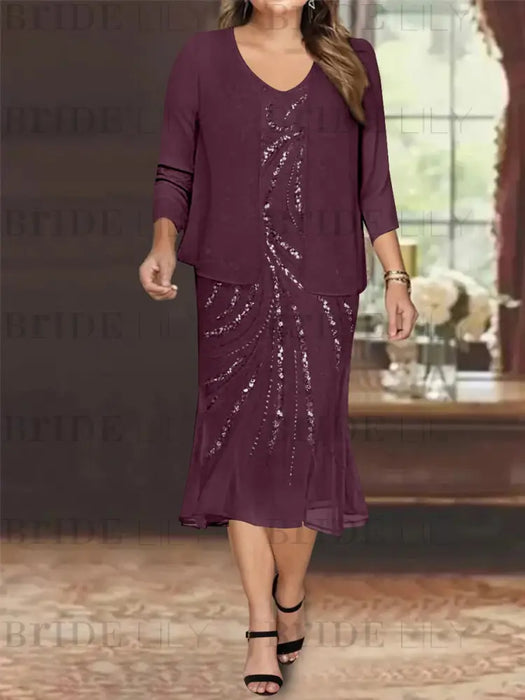 Plum Plus Size V-Neck Chiffon Mother of the Bride Dress Set with Jacket and Sequins Knee-Length