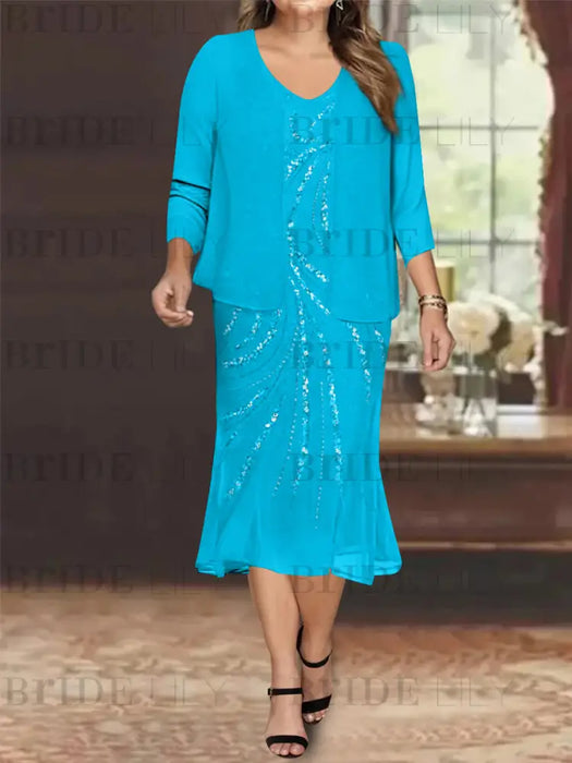 Ocean Blue Plus Size V-Neck Chiffon Mother of the Bride Dress Set with Jacket and Sequins Knee-Length