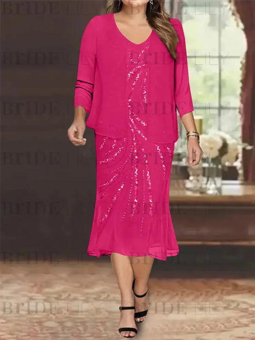 Fuchsia Plus Size V-Neck Chiffon Mother of the Bride Dress Set with Jacket and Sequins Knee-Length