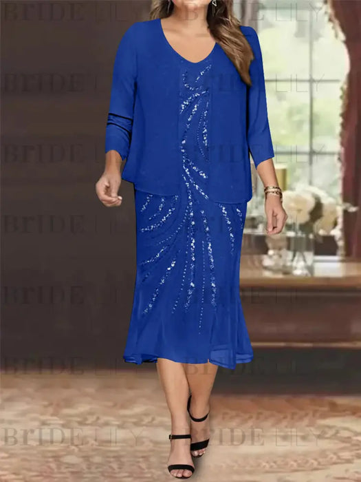 Royal Blue Plus Size V-Neck Chiffon Mother of the Bride Dress Set with Jacket and Sequins Knee-Length