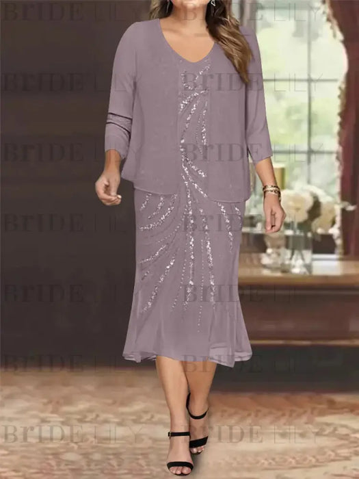 Plus Size V-Neck Chiffon Mother of the Bride Dress Set with Sequins Dusk