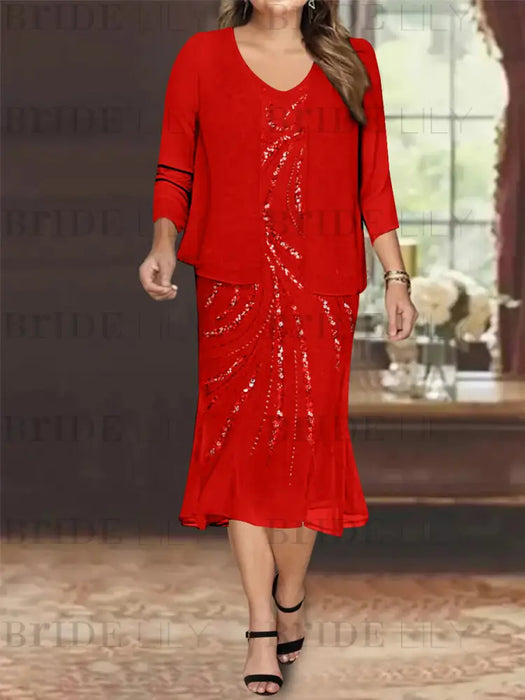 Red Plus Size V-Neck Chiffon Mother of the Bride Dress Set with Jacket and Sequins Knee-Length