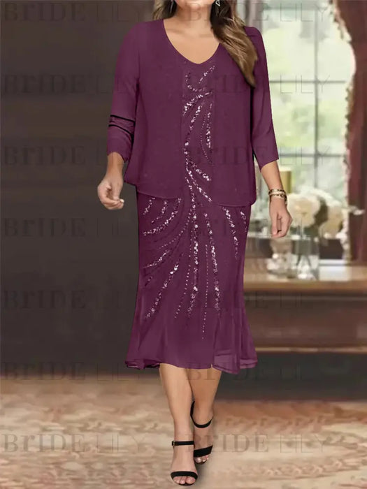 Grape Plus Size V-Neck Chiffon Mother of the Bride Dress Set with Jacket and Sequins Knee-Length