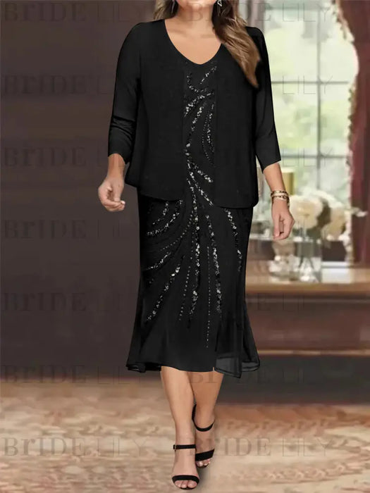 Plus Size V-Neck Chiffon Mother of the Bride Dress Set with Sequins Black