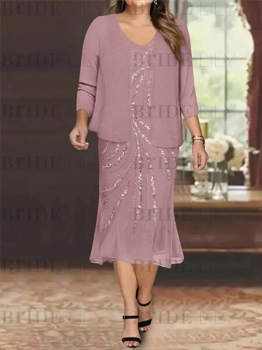 Wisteria Plus Size V-Neck Chiffon Mother of the Bride Dress Set with Jacket and Sequins Knee-Length